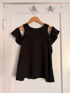 Lily White Black Cold-Shoulder Ruffle Blouse